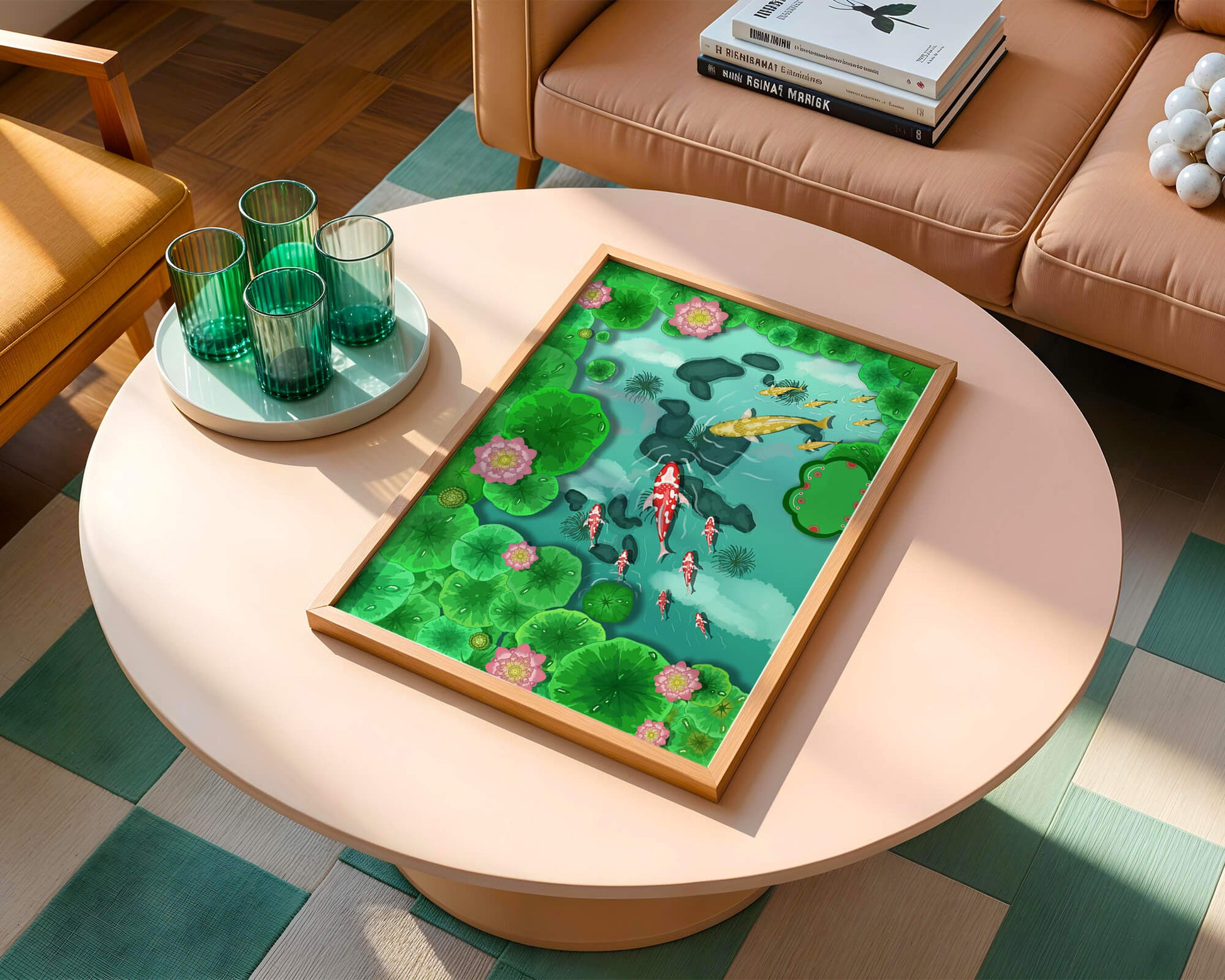 Étang à carpes koï vibrant avec des fleurs de lotus et des nénuphars verts
