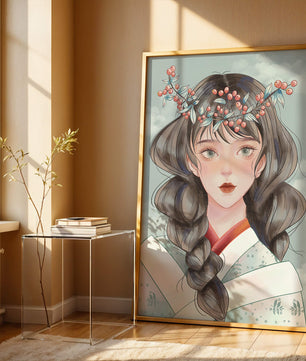 Illustration d'une jeune femme avec une coiffe florale sur fond de ciel nuageux
