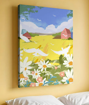 Summer Landscape with Birds and Flowers in a Pastoral Setting