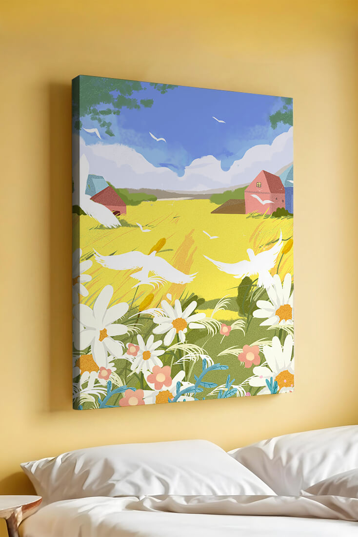 Summer Landscape with Birds and Flowers in a Pastoral Setting