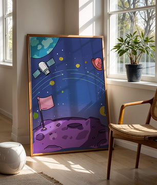 Illustration of outer space scene with planets and satellite