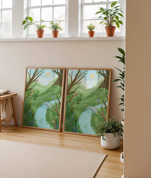 Serene Landscape with Birds and River under Sunny Sky