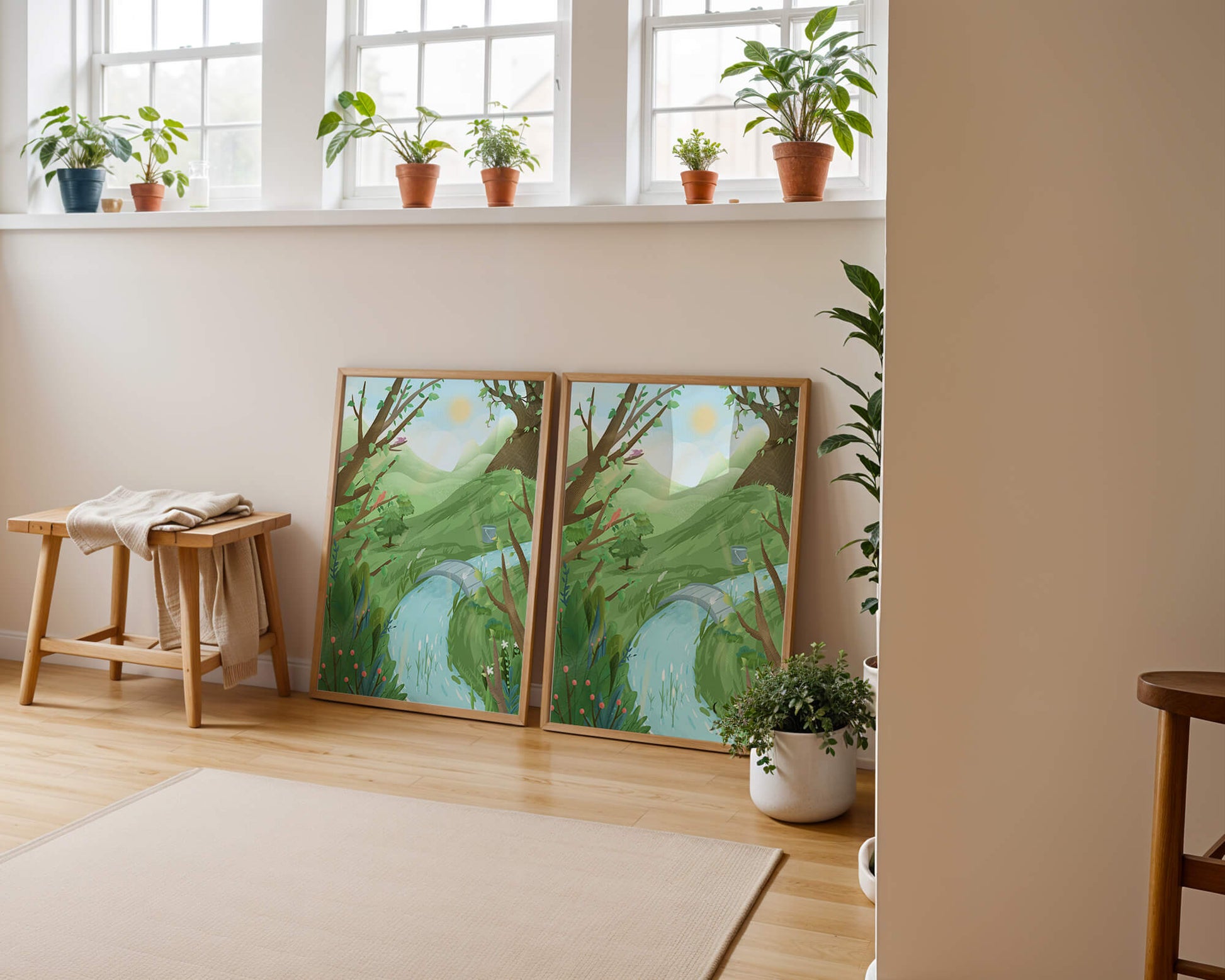 Paisaje sereno con aves y río bajo un cielo soleado