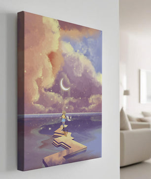 Whimsical journey on a dreamlike path beneath colorful clouds