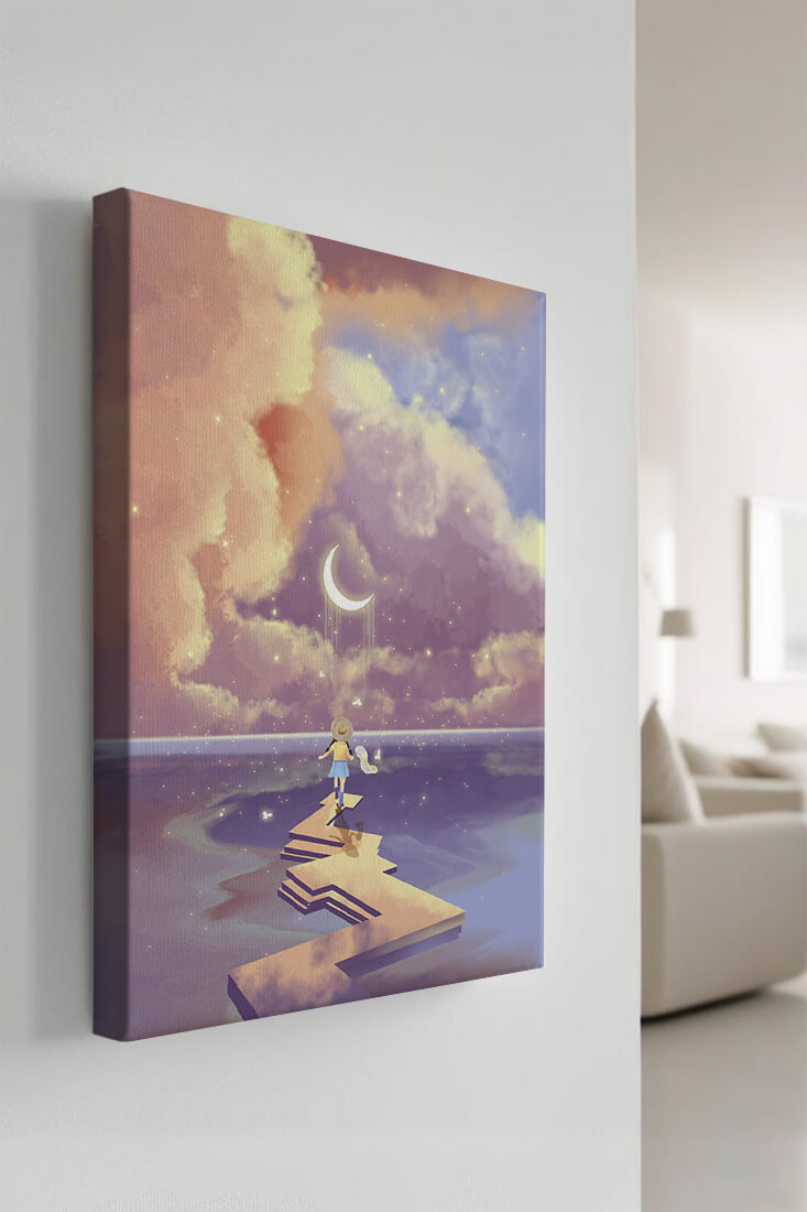Whimsical journey on a dreamlike path beneath colorful clouds