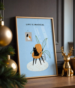 Charming Cat Relaxing on a Chair with Inspirational Quote and Art