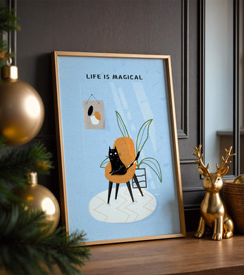 Charming Cat Relaxing on a Chair with Inspirational Quote and Art