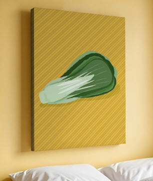 Illustrated bok choy on vibrant yellow background with stripes