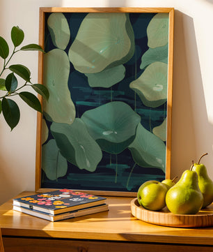 Green lily pads on a dark water background illustration