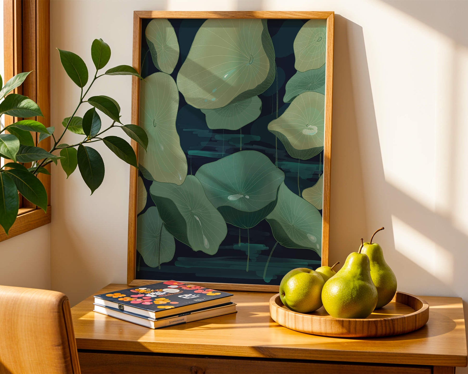 Green lily pads on a dark water background illustration