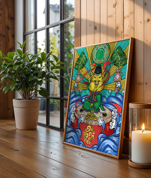 Colorful illustration of a mythical creature with traditional elements and vibrant colors