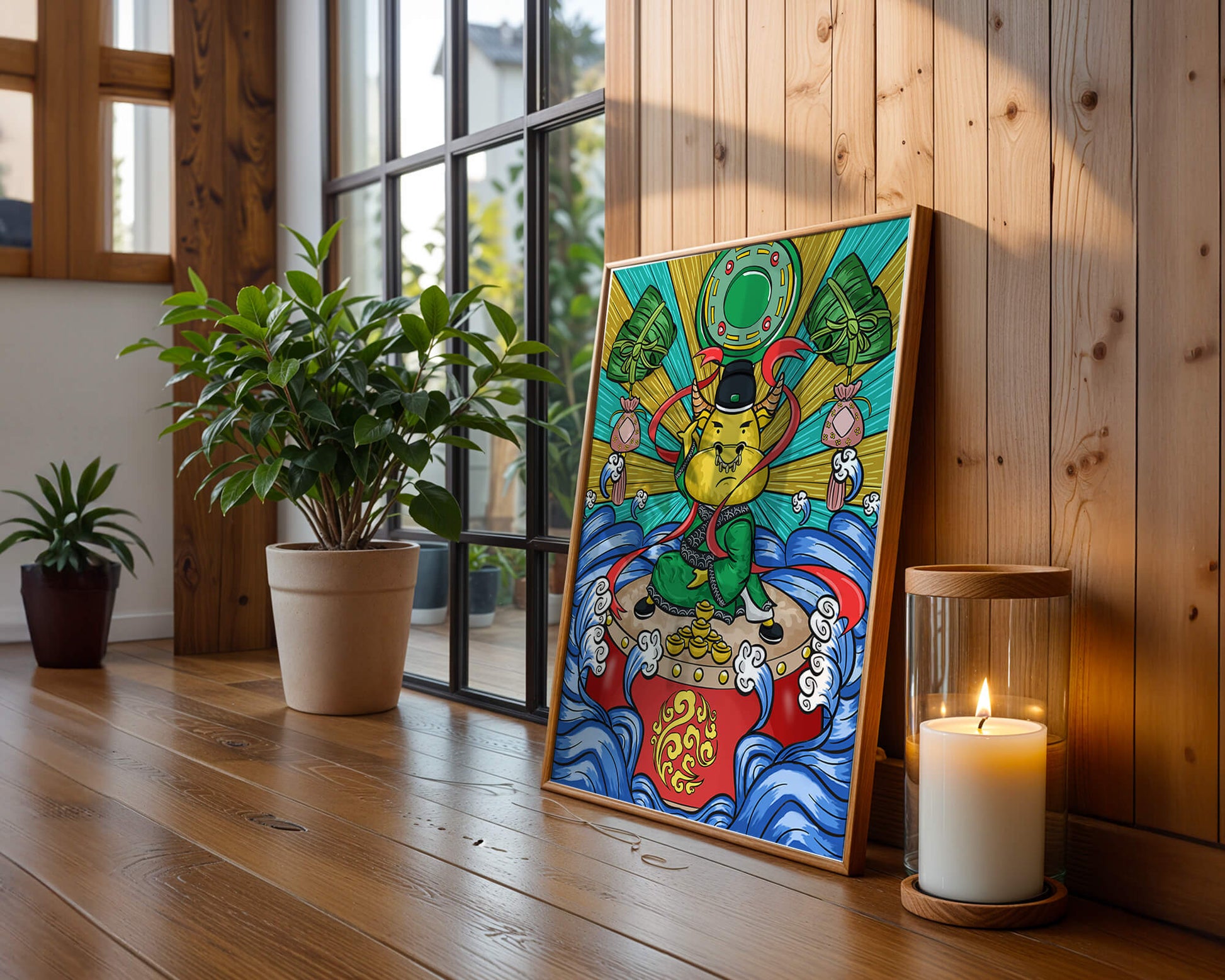 Colorful illustration of a mythical creature with traditional elements and vibrant colors