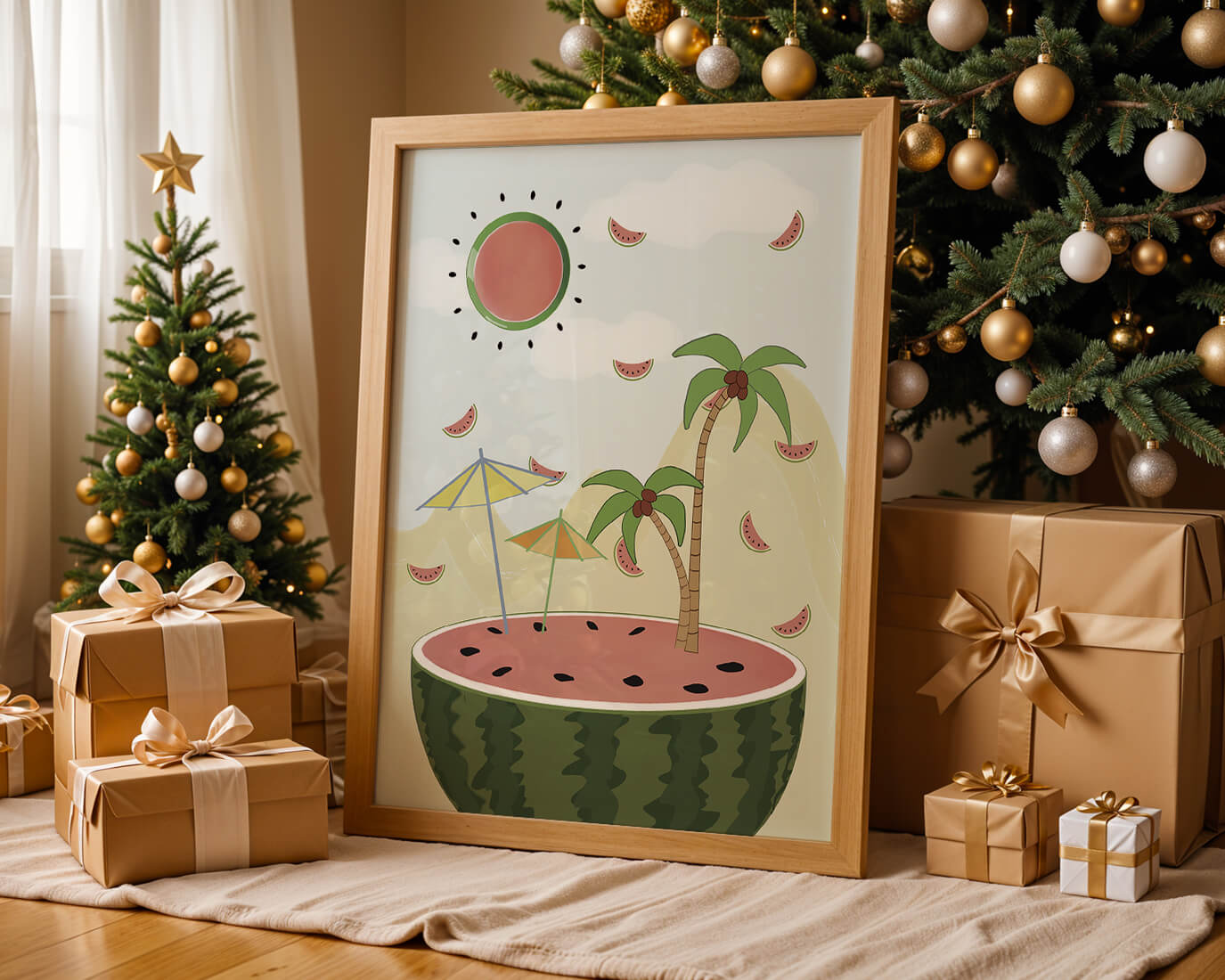 Summer Paradise with Watermelon Sun and Palms in Surreal Landscape