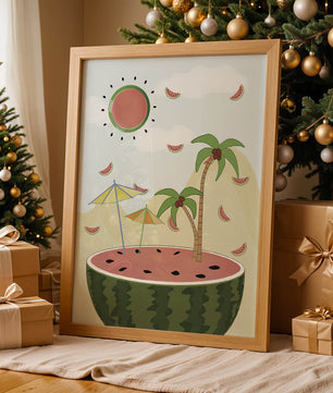 Summer Paradise with Watermelon Sun and Palms in Surreal Landscape