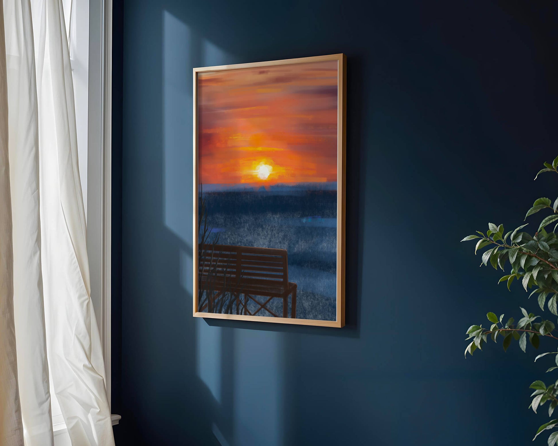 Tranquil Sunset over Ocean with a Lonely Bench
