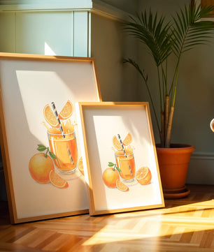 Illustration of a refreshing orange juice with fresh oranges and splash