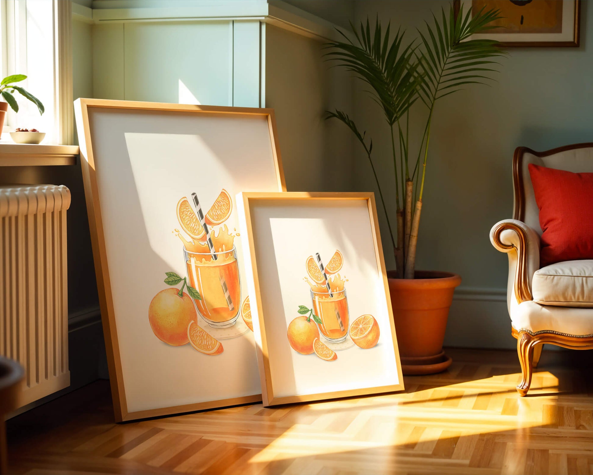 Illustration of a refreshing orange juice with fresh oranges and splash