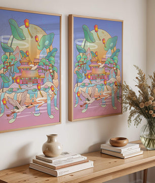 Illustration pittoresque d’un temple chinois avec des lanternes flottantes et un paysage serein