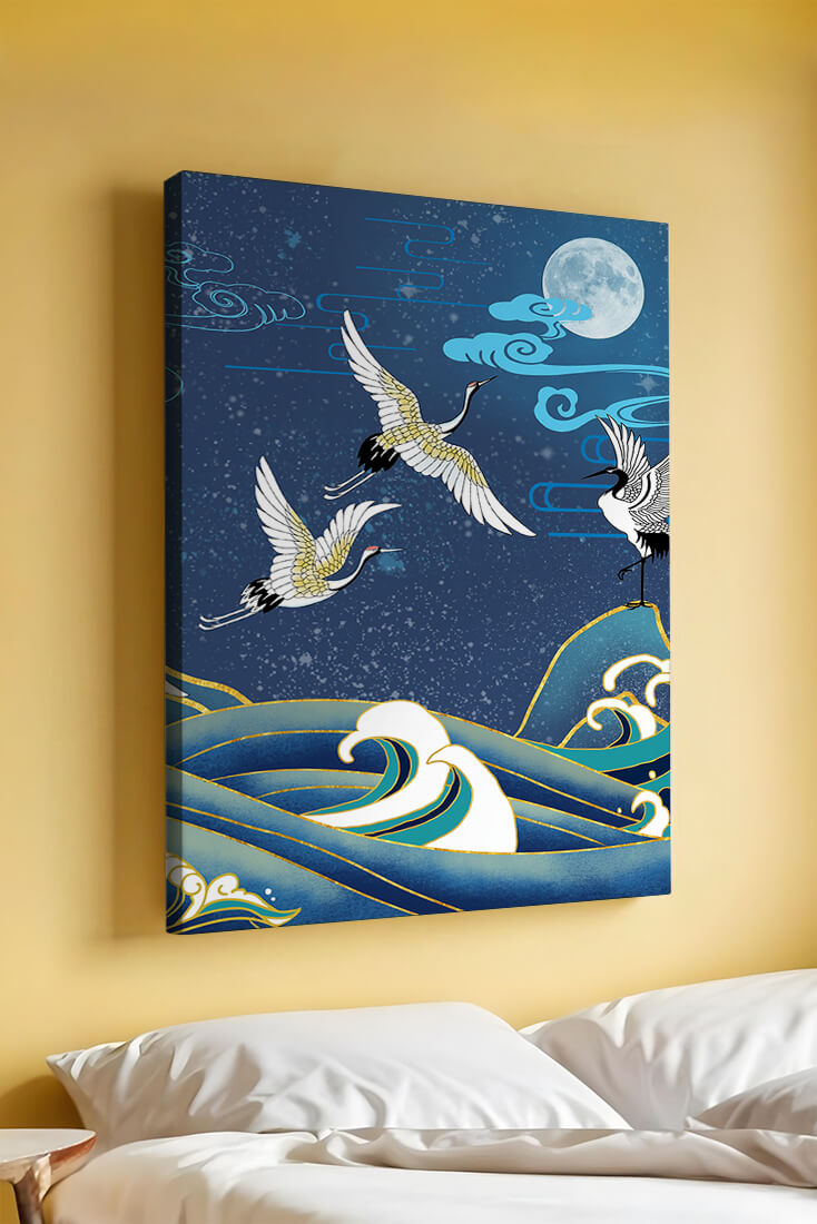 A Serene Night Scene with Cranes and Waves in Traditional Japanese Art Style