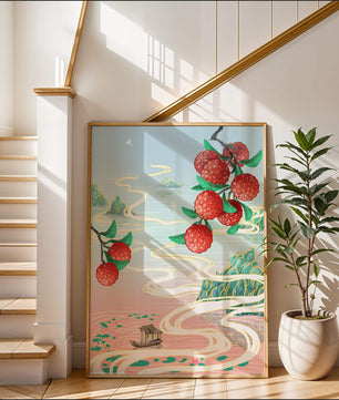 Idyllic Landscape with Lush Lychee Branches and Serene Waterscape