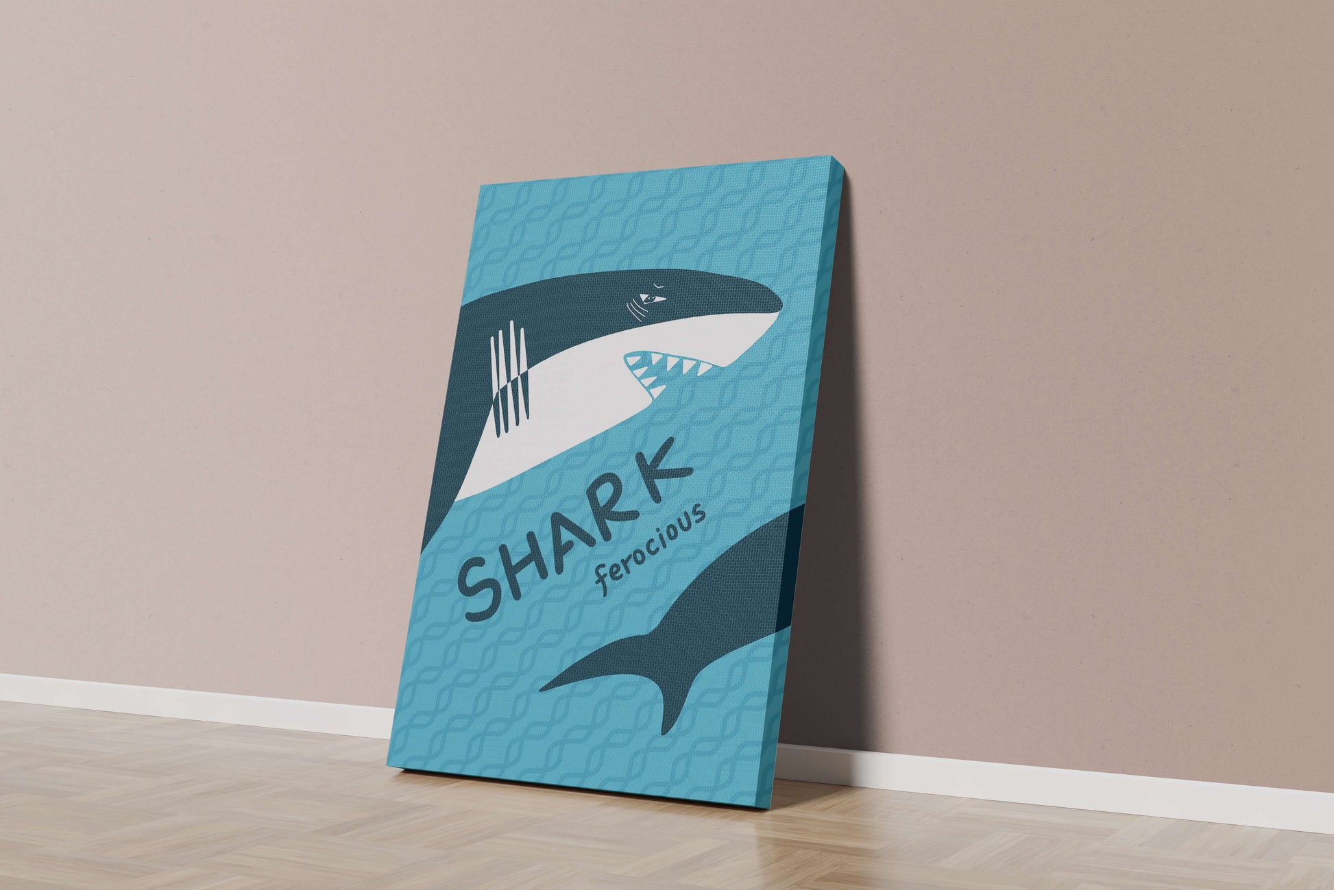 Illustrated shark graphic with blue background and typography