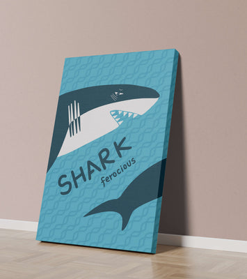 Illustrated shark graphic with blue background and typography