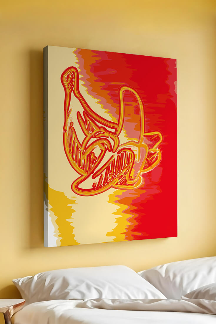Abstract banana art with vibrant red and orange hues