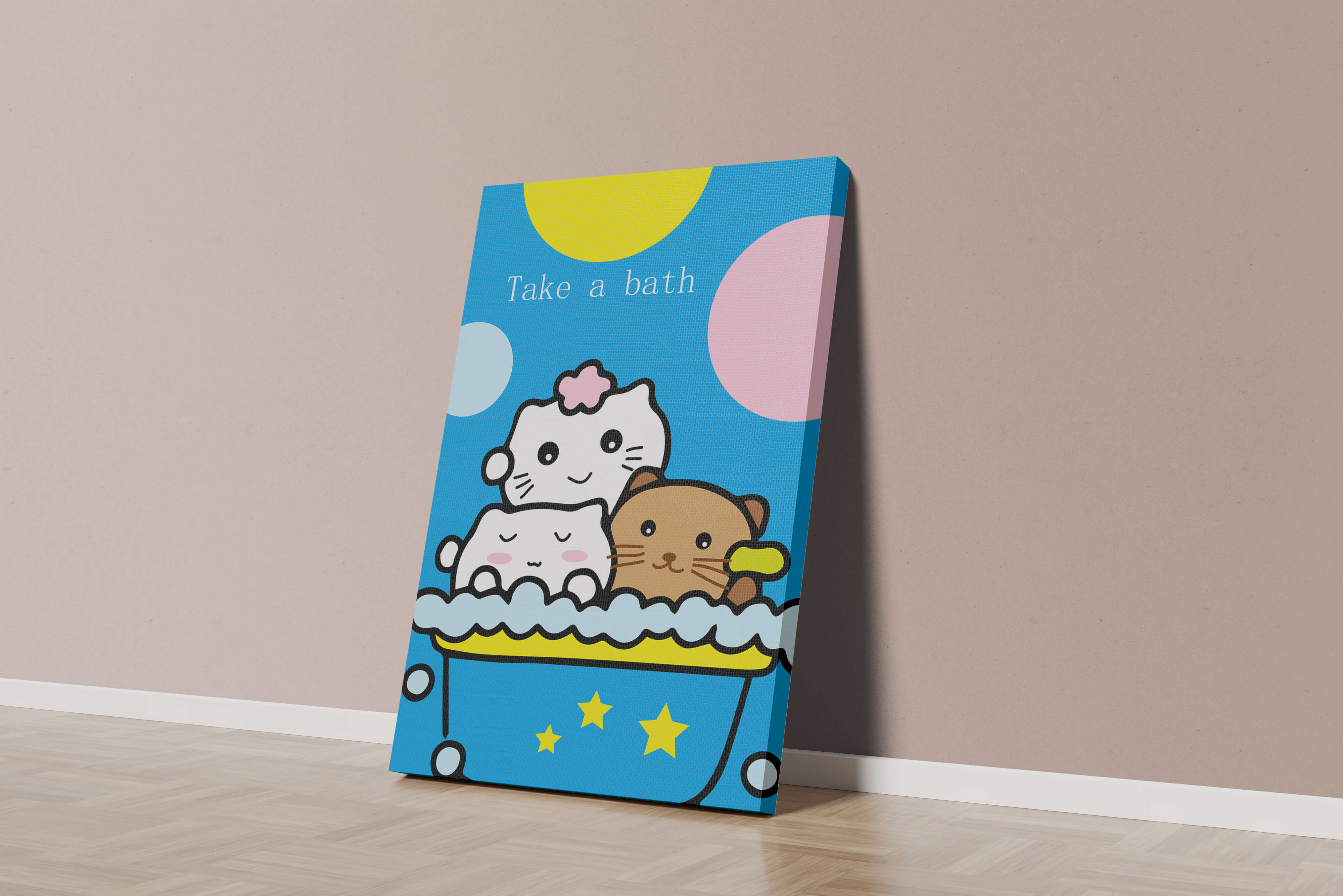 Adorable cartoon characters in a bubble bath with vibrant background