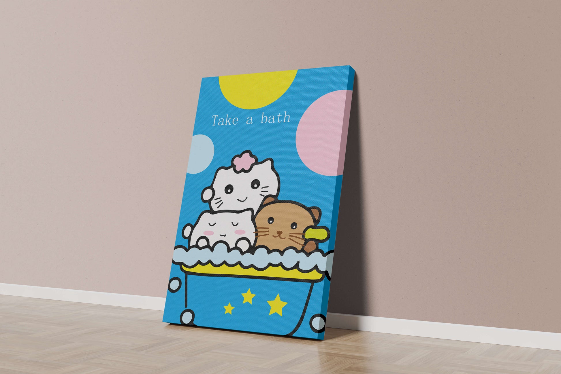 Adorable cartoon characters in a bubble bath with vibrant background