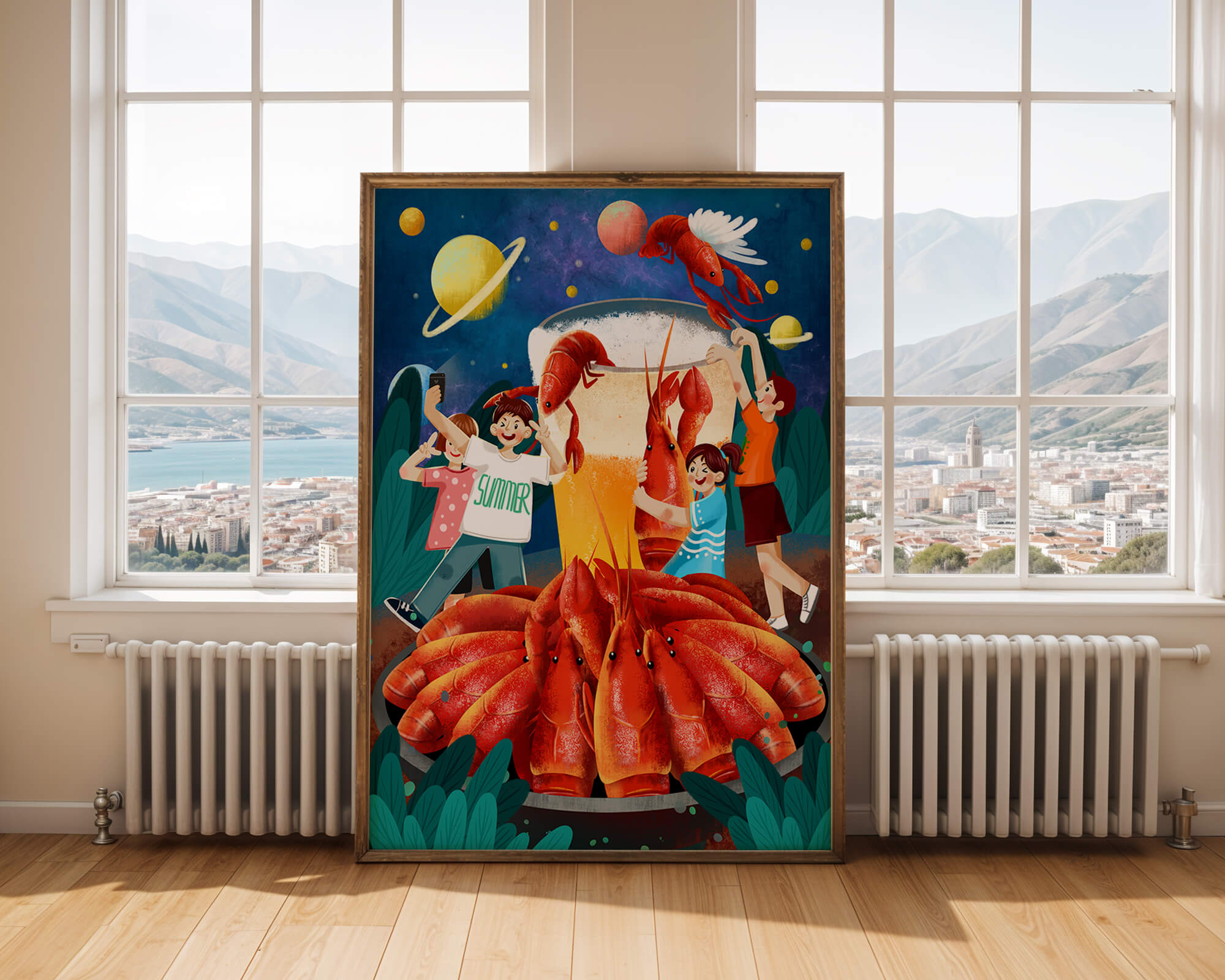 Fantasy illustration with cosmic lobsters and friends enjoying a summer feast