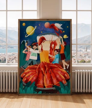 Ilustración de fantasía con langostas cósmicas y amigos disfrutando de un banquete de verano