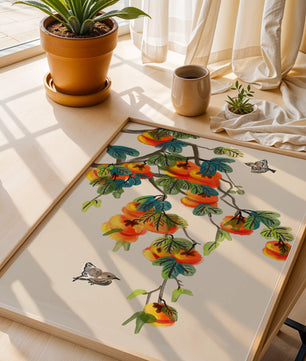 Branch with vibrant persimmons and birds illustration