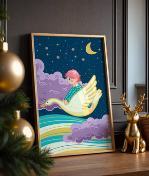 Child flying on a goose through a magical night sky illustration