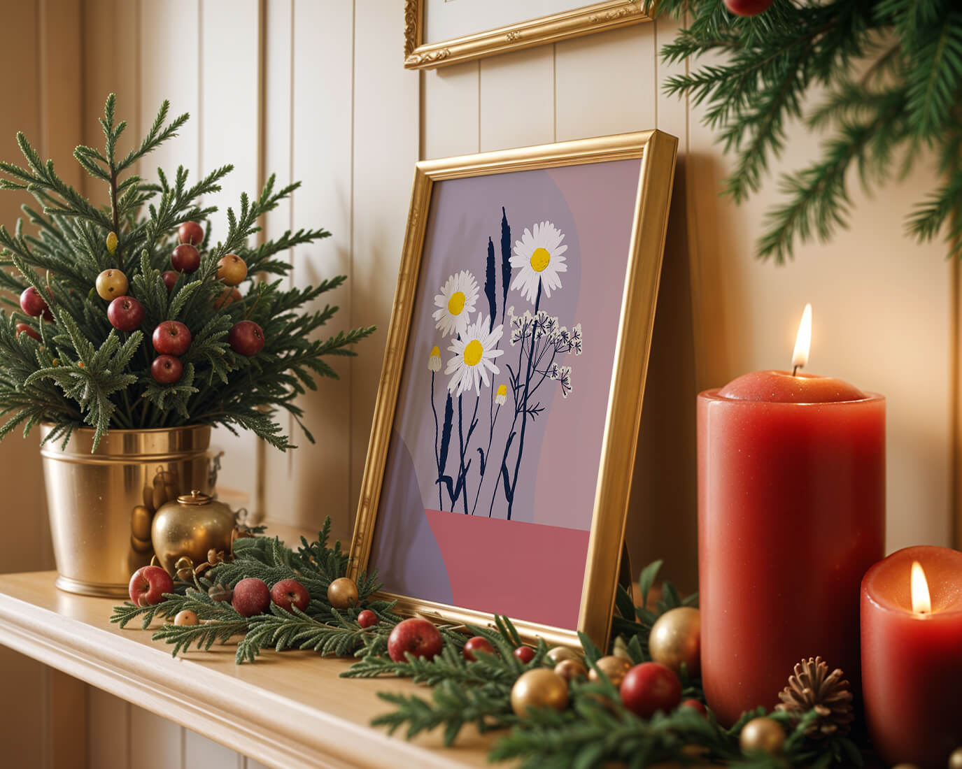 Illustrative floral artwork with daisies and abstract background