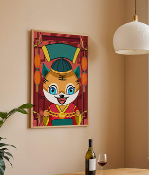 Tigre de dibujos animados colorido con linternas y elementos tradicionales