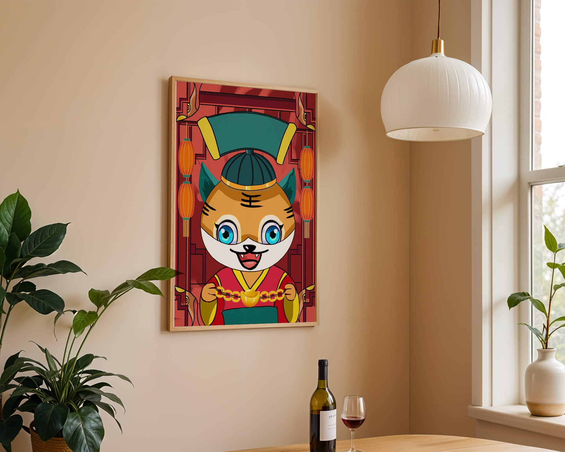 Colorful cartoon tiger with lanterns and traditional elements
