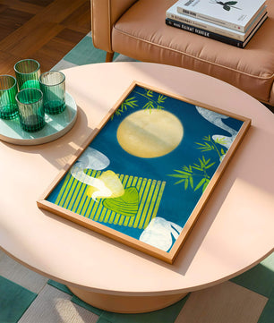 Moonlit night with bamboo and dumplings on a mat