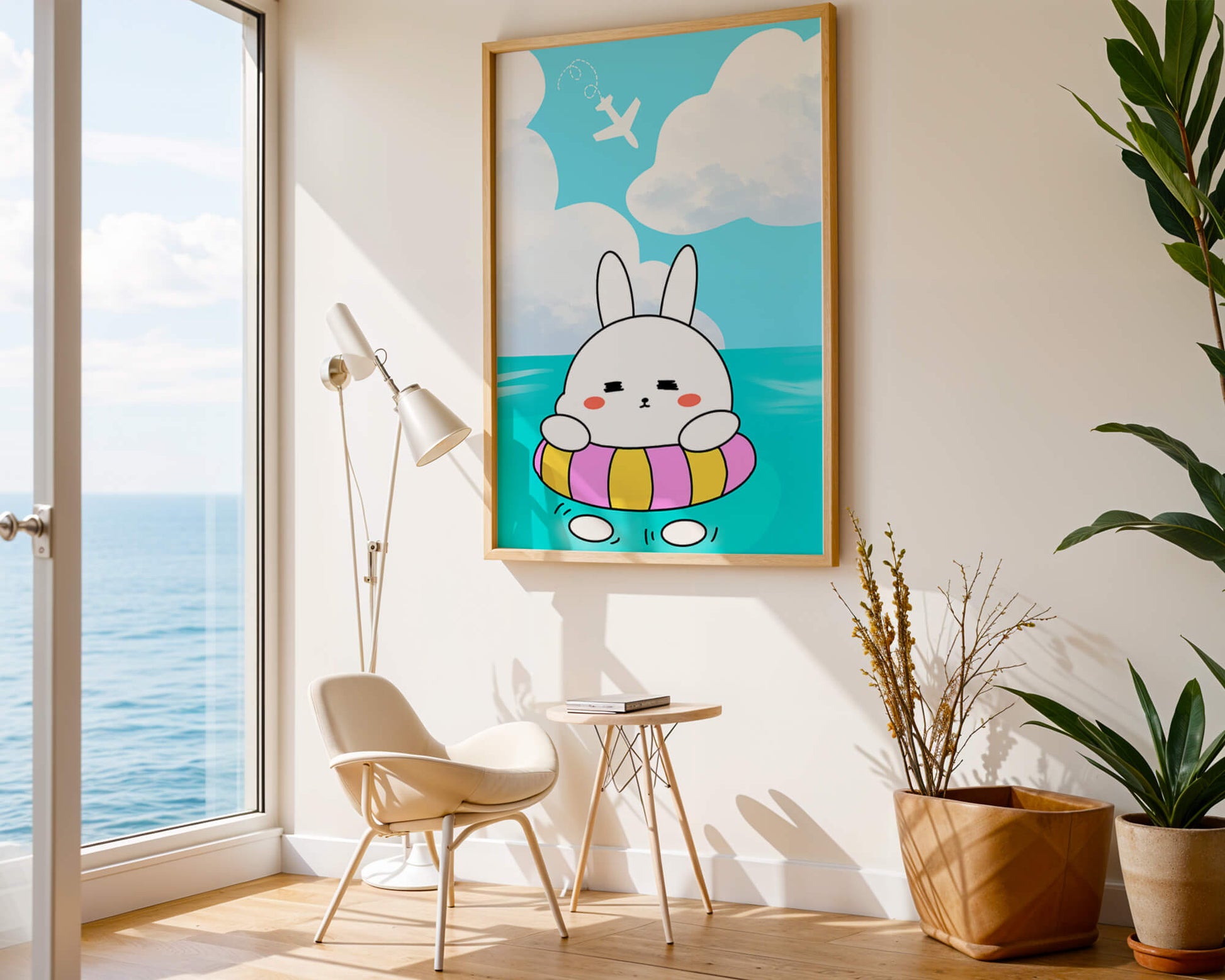 Illustration of a cute bunny floating on a colorful inflatable in a blue ocean under a bright sky with an airplane