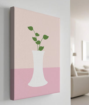 Simple Minimalist Illustration of a White Vase with Green Leaves on a Pink Background - Mi tienda