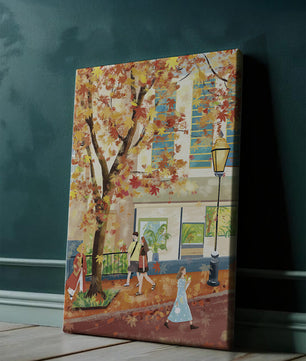 Herbstliche Stadtszene mit bunten Blättern und Menschen beim Spaziergang