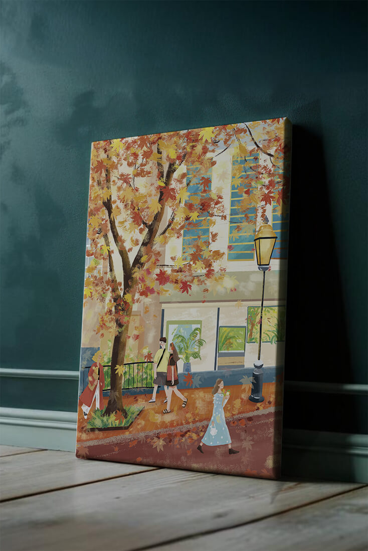 Calle de la ciudad en otoño con hojas coloridas y personas caminando