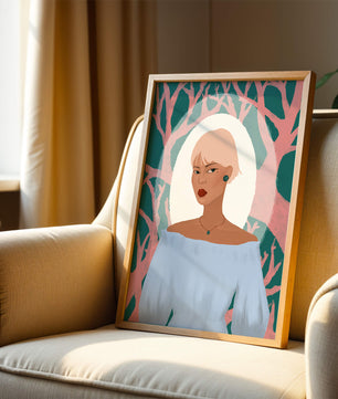 Illustration einer Frau mit einem pastellfarbenen Hintergrund aus abstrakten Bäumen