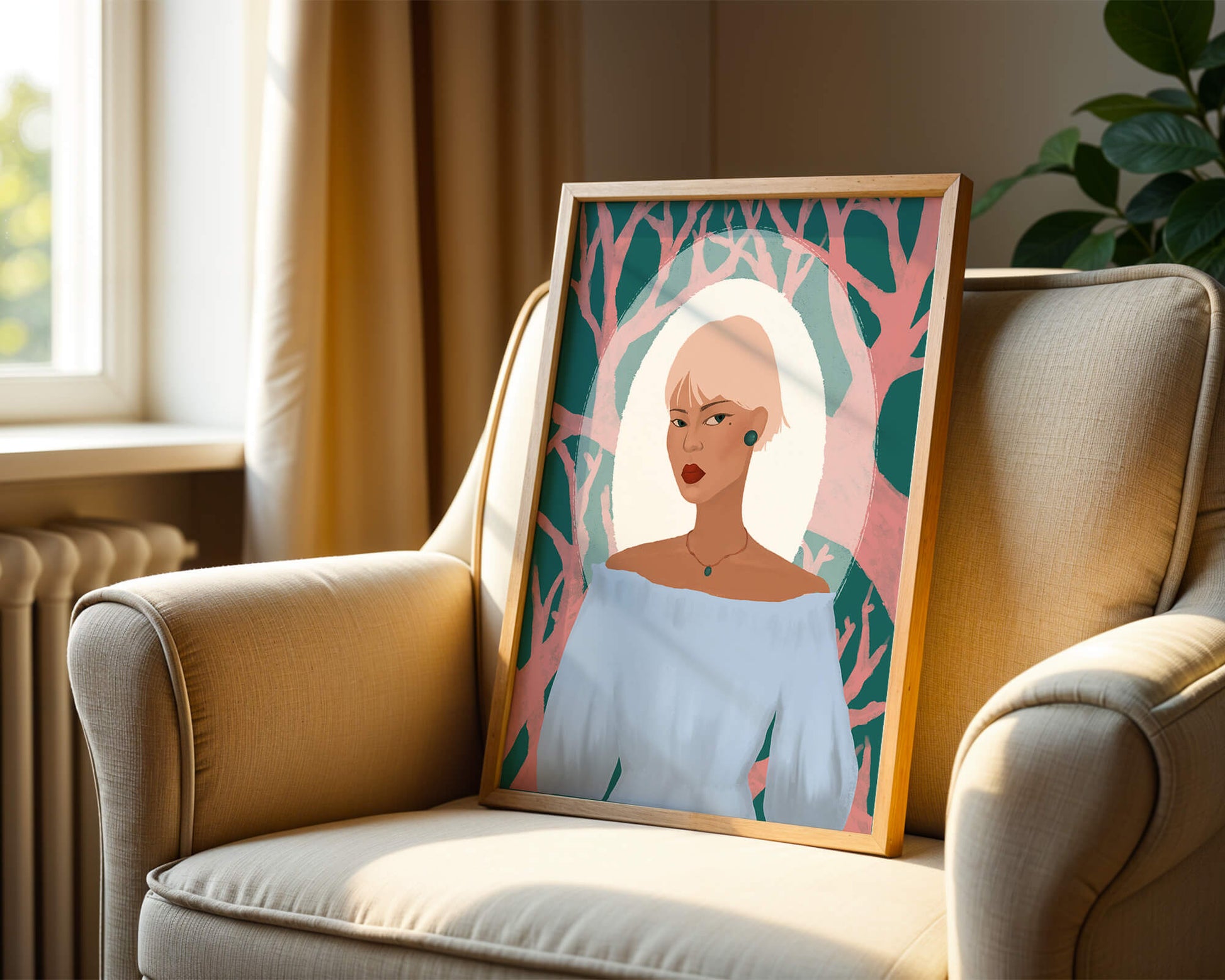Illustration einer Frau mit einem pastellfarbenen Hintergrund aus abstrakten Bäumen