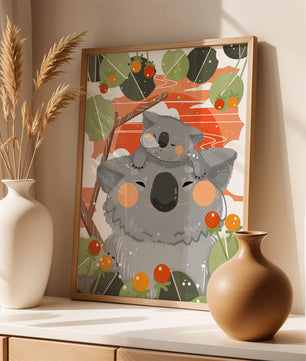 Koalas dans un cadre naturel vibrant aux tons orange et verts