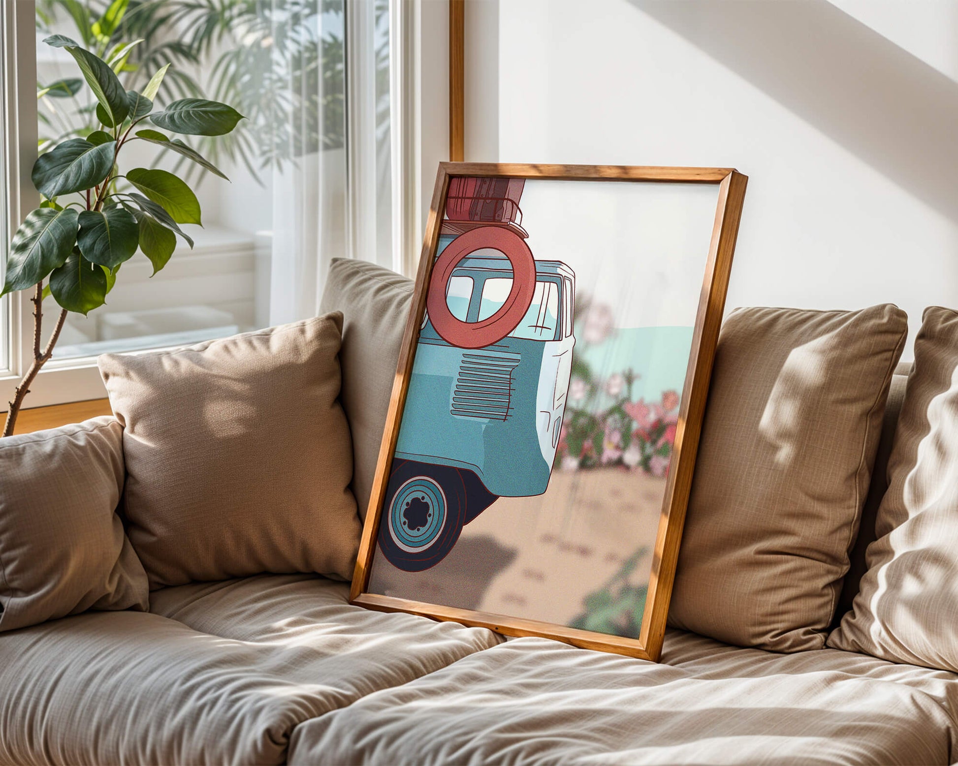 Viaje por carretera de verano en una furgoneta azul vintage