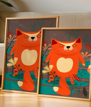 Illustration Of A Cute Orange Cat Surrounded By Stylized Trees And Plants