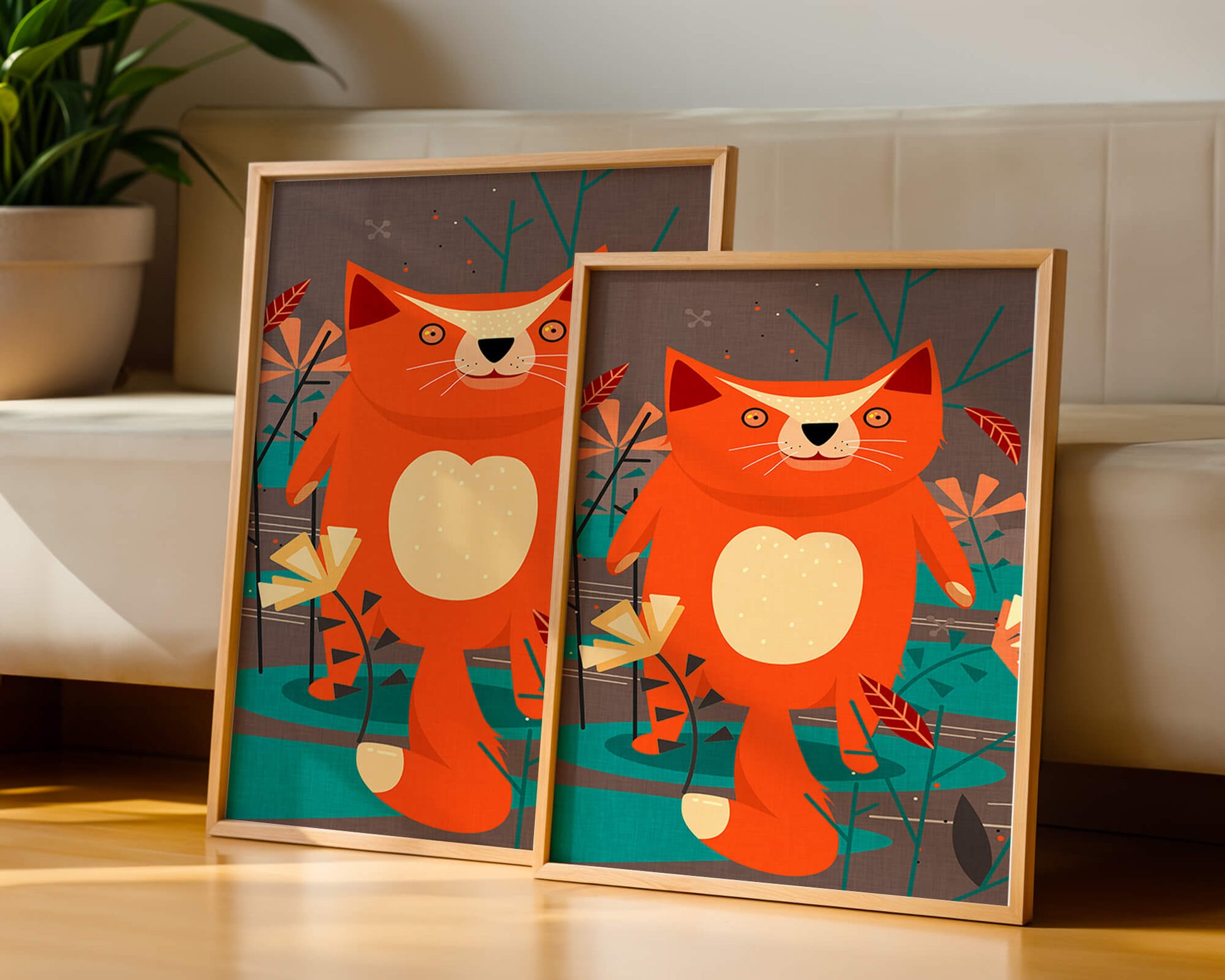 Illustration Of A Cute Orange Cat Surrounded By Stylized Trees And Plants