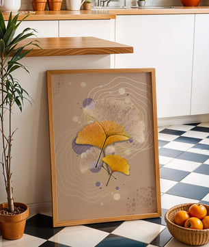 Elegante Blätter des Ginkgo mit abstrakten wellenförmigen und kreisförmigen Elementen