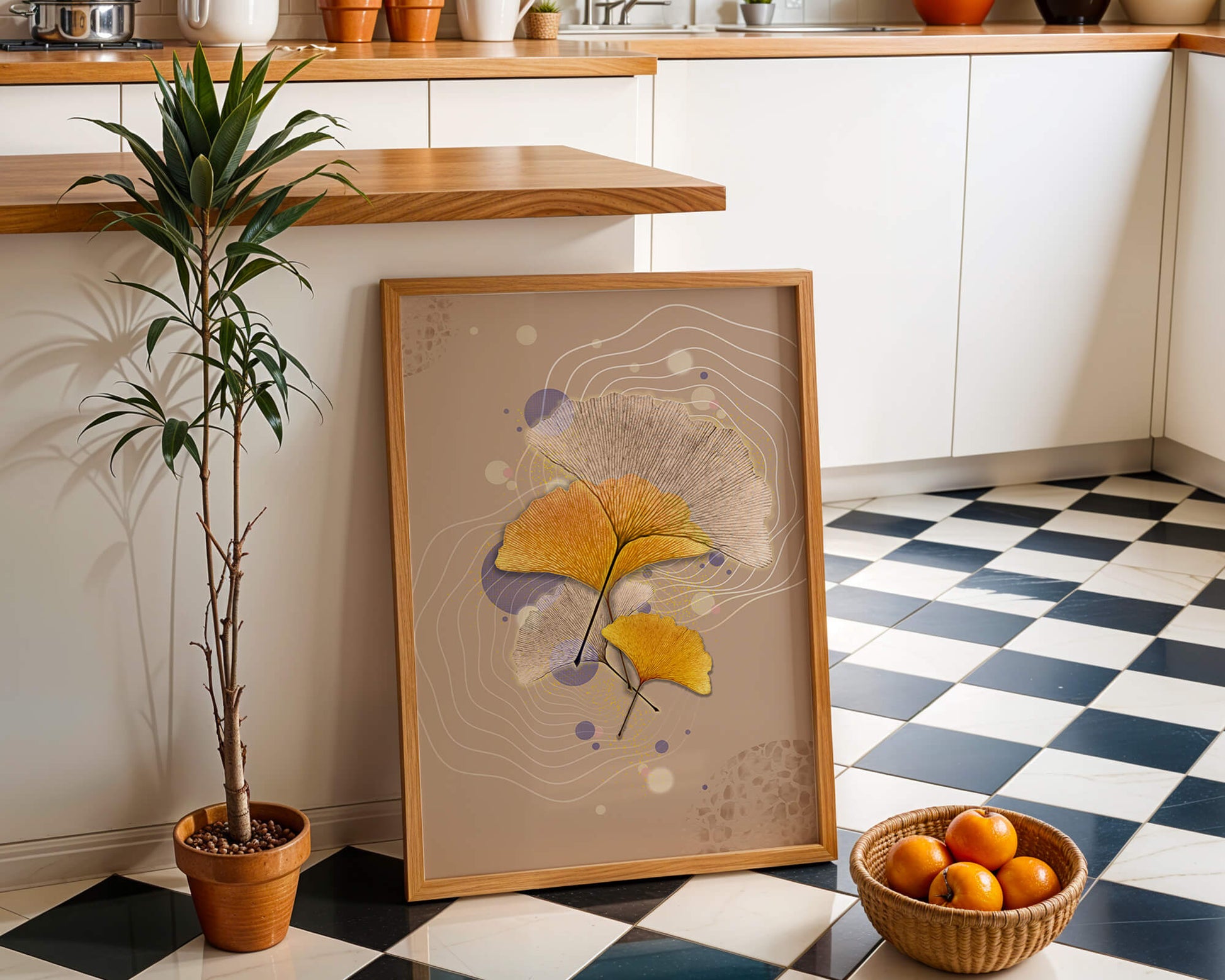Elegant ginkgo leaves with abstract wavy and circular elements
