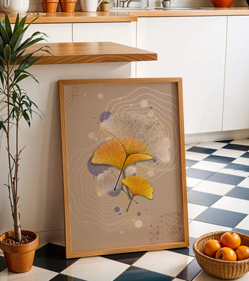 Elegant ginkgo leaves with abstract wavy and circular elements